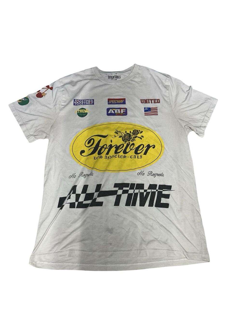 Seven Souls Forever All Time Graphic T Shirt Adult Large Gray Stained Streetwear